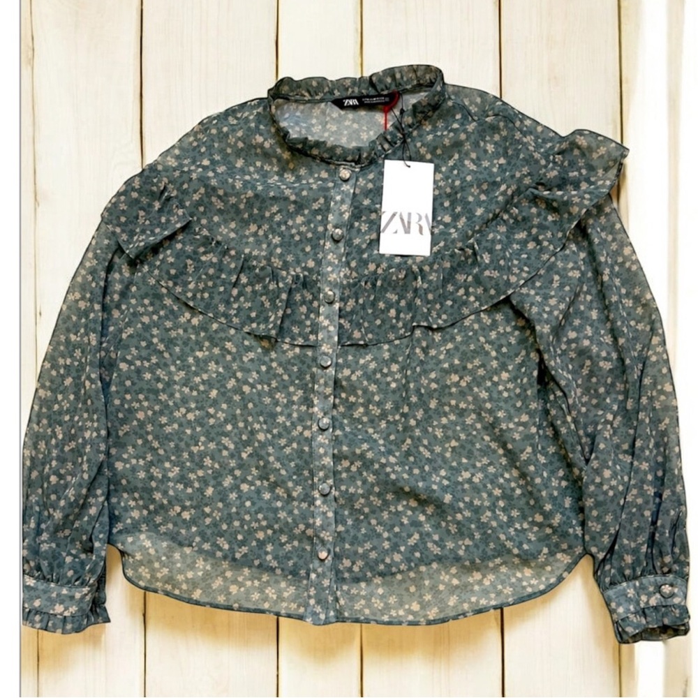 Zara Teal Floral Ruffle Button-Up Blouse